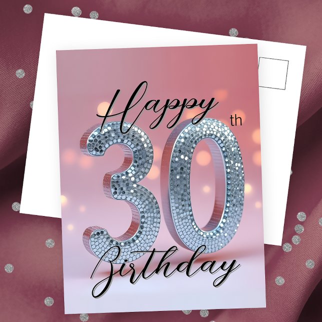 Elegant Glam Chic Pink and Sparkling Silver 30th Postcard (Creator Uploaded)