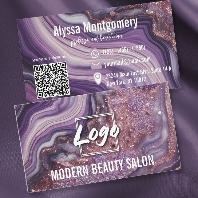 Elegant Glam Chic Purple Glitter Agate Marble Business Card (Creator Uploaded)
