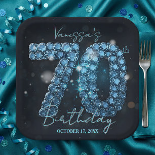 Elegant Glam Chic Teal Blue Jewels 70th Birthday Paper Plates
