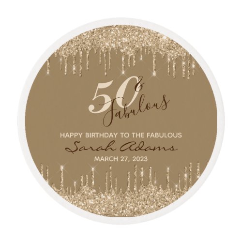 Elegant Glam Drips Gold 50 Fab Birthday Edible Frosting Rounds