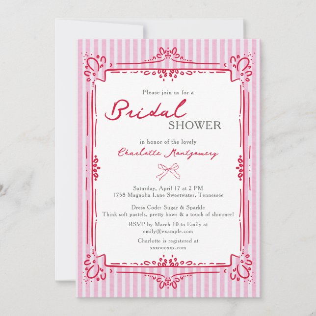 Elegant Glam Frame & Pink Stripes Bridal Shower Invitation (Front)