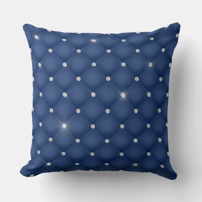 Elegant Glam Glittering Tufted Diamond Dark Blue Throw Pillow (Front)