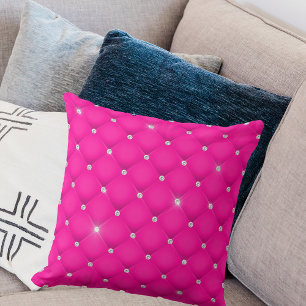 Elegant Glam Glittering Tufted Diamond Hot Pink Throw Pillow