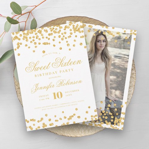 Elegant Glam Gold Confetti Photo Sweet 16   Invitation