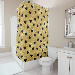 Elegant Glam Gold Glitter Black Hearts Romantic Shower Curtain