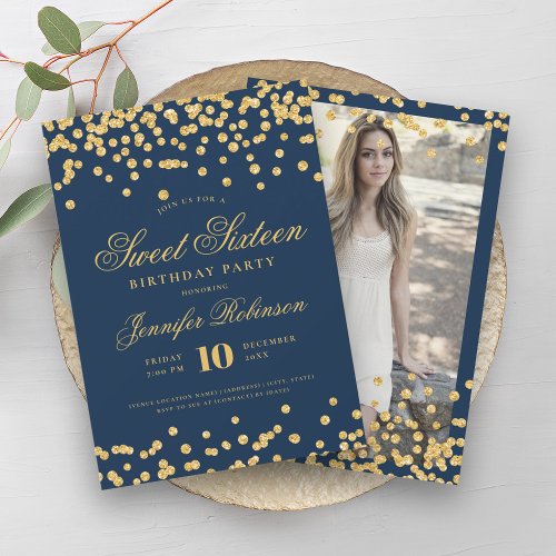 Elegant Glam Gold Navy Confetti Photo Sweet 16   Invitation