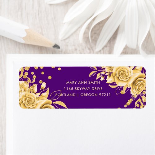 Elegant Glam Gold Purple Floral Glitter Confetti Label