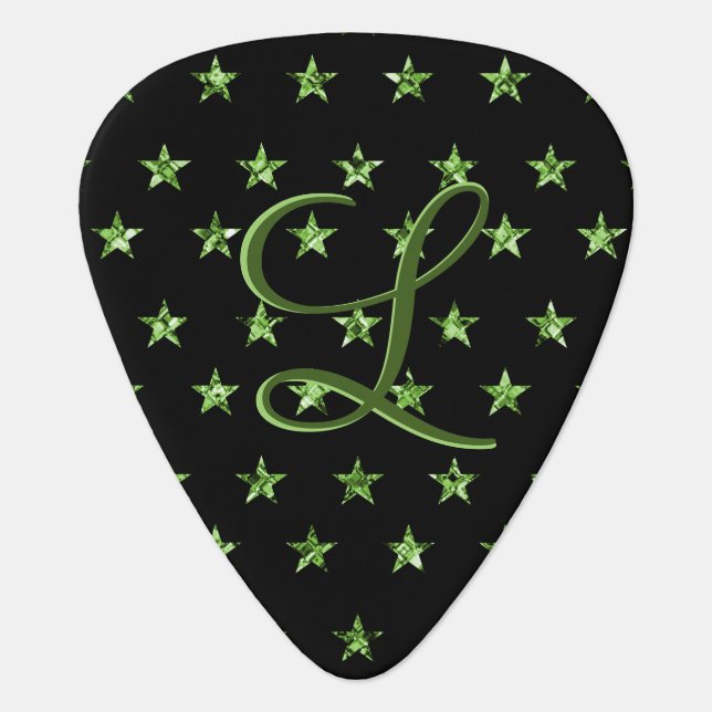 Elegant Glam Green Diamond Stars Monogram Custom Guitar Pick (Front)
