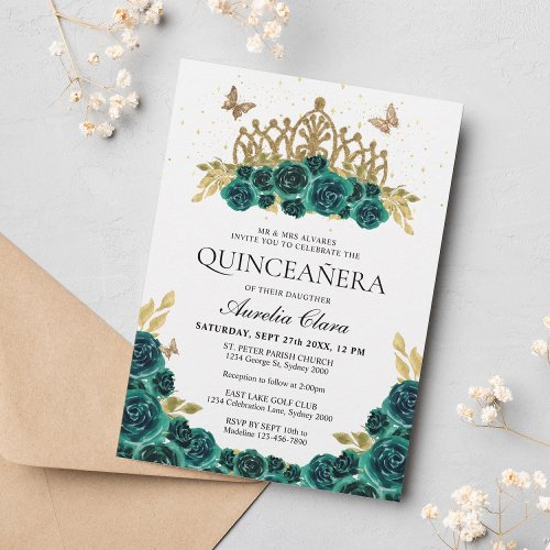 Elegant Glam Green Floral Gold Tiara Quinceanera Invitation