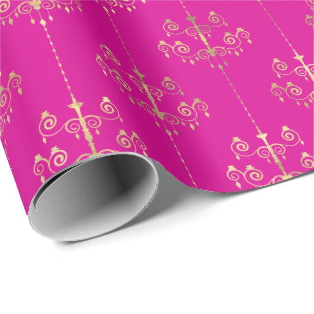 Elegant Glam Hot Pink Gold Pattern  Wrapping Paper (Roll Corner)