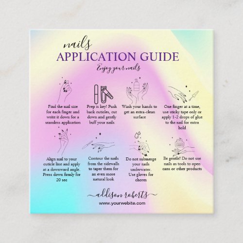 Elegant Glam Iridescent  Nail Application Guide Square Business Card