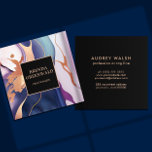 Elegant Glam Liquid Marble Blue Purple Gold  Square Business Card<br><div class="desc">Modern, girly elegant networking card featuring digital image of liquid marble print in shades of blue, pink, purple gold and rose gold. Black stripe overlay. Great for beauty, fashion , Great for beauty, fashion , entertainment and event professionals. Ideal for beauty salons, spas, cosmetologists, estheticians, dance studios, boutiques, designers, hair...</div>