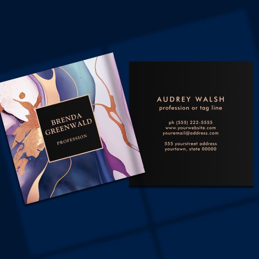 Customizable Elegant Glam Liquid Marble Blue Purple Gold  Square Business Card