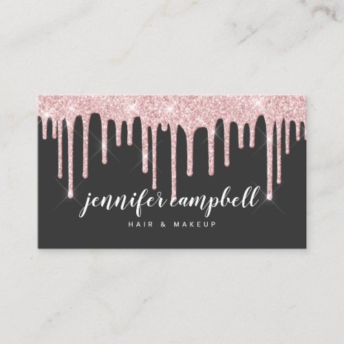 Elegant glam makeup blush pink glitter drips black business card