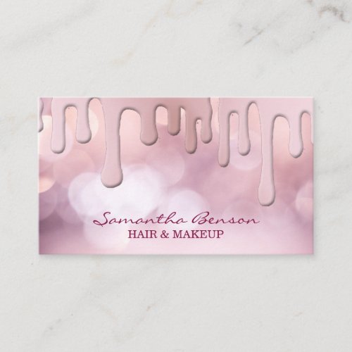 Elegant glam makeup hair blush pink glitter drips business card