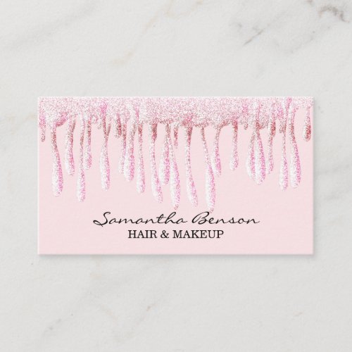 Elegant glam makeup hair blush pink glitter drips business card