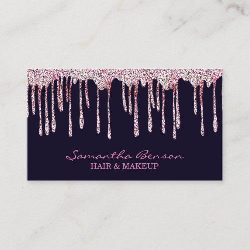 Elegant glam makeup hair blush pink glitter drips business card