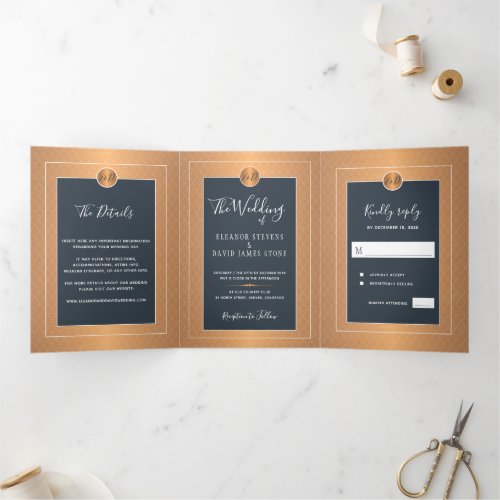 Elegant glam navy copper gold wedding invitation