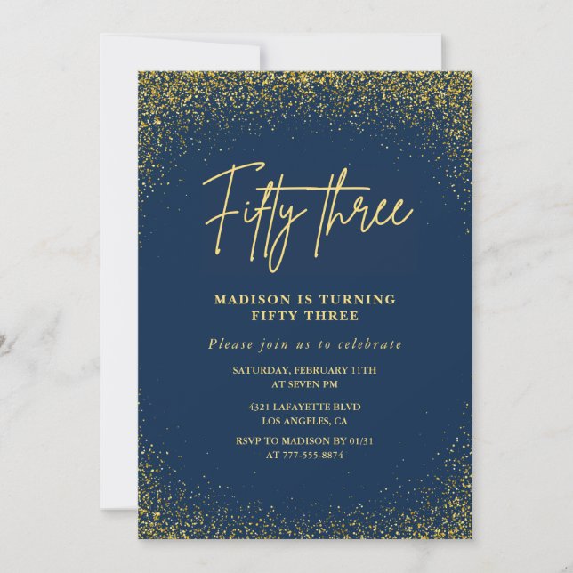 Elegant Glam Navy Gold Glitter 53rd birthday Invitation (Front)