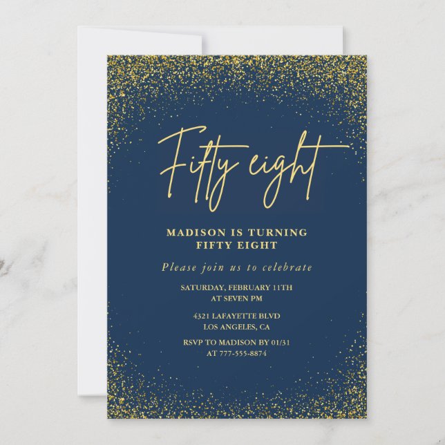 Elegant Glam Navy Gold Glitter 58th birthday Invitation (Front)