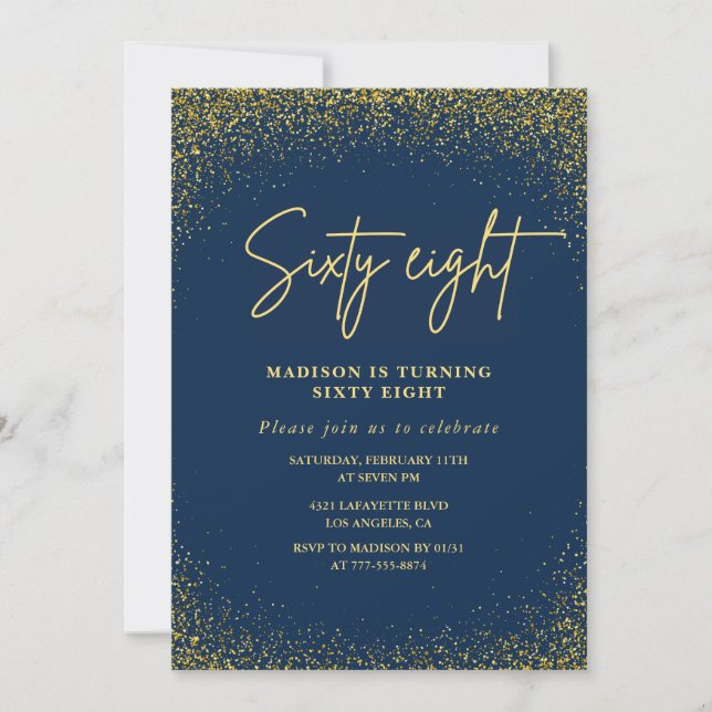 Elegant Glam Navy Gold Glitter 68th birthday Invitation (Front)