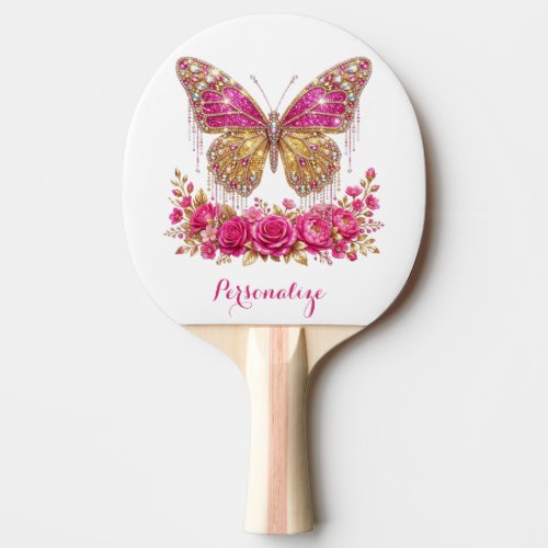 Elegant Glam Pink Butterfly & Rose Personalized Ping Pong Paddle
