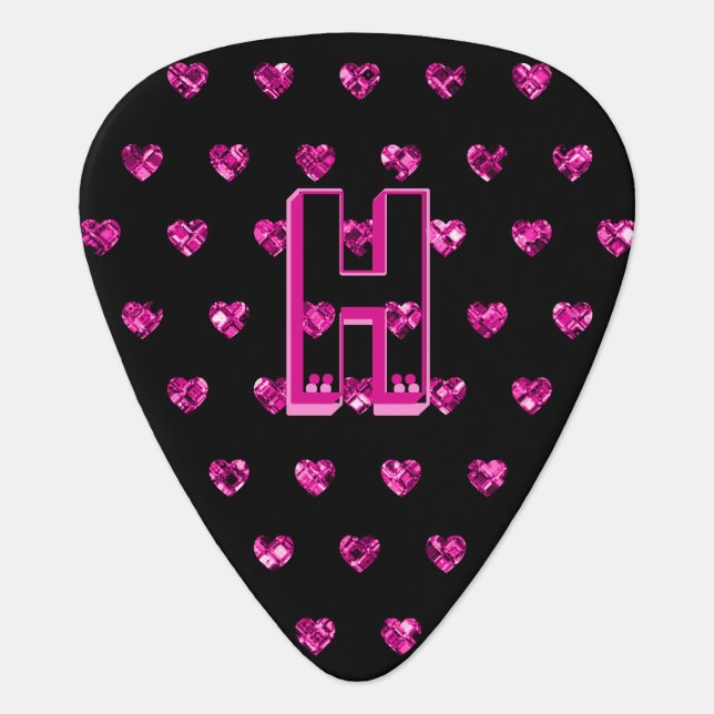 Elegant Glam Pink Diamond Hearts Monogram Custom Guitar Pick (Front)