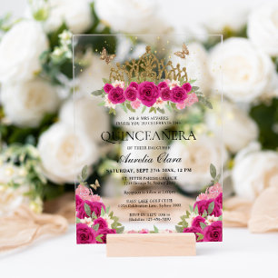 Elegant Glam Pink Floral Gold Tiara Quinceanera Acrylic Invitations