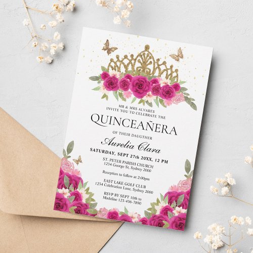 Elegant Glam Pink Floral Gold Tiara Quinceanera Invitation