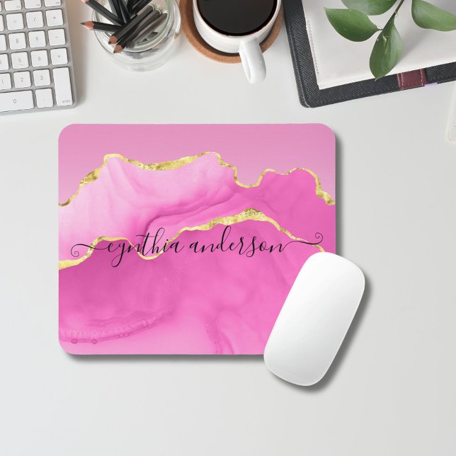 Elegant Glam Pink & Gold Agate Stone Hairdresser Mouse Pad (Creator Uploaded)