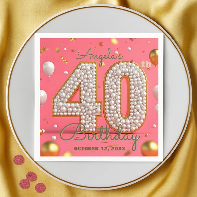 Elegant Glam Pink Gold and Pearls 40th Birthday Napkins (Creator Uploaded)