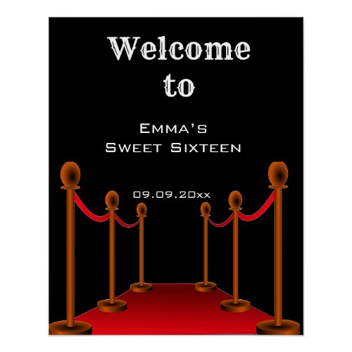 Elegant Glam Red Carpet Sweet 16 Birthday Welcome Poster