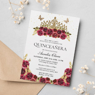 Elegant Glam Red Floral Gold Tiara Quinceanera Invitation