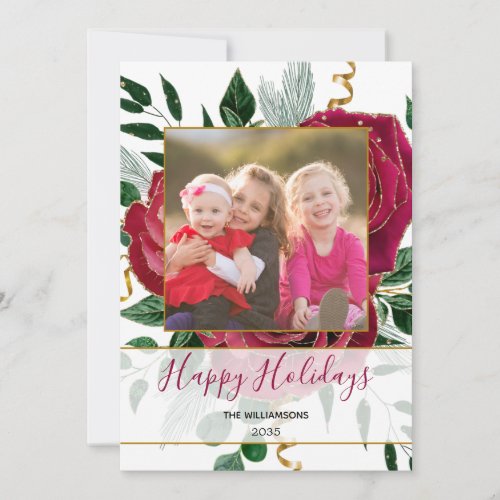 Elegant Glam Red Pink Vintage Roses Glitter Photo Holiday Card