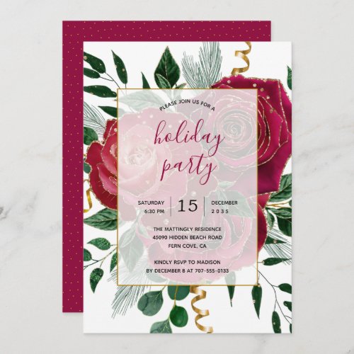 Elegant Glam Red Pink Vintage Roses Holiday Party Invitation