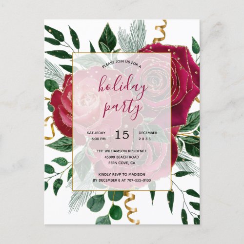 Elegant Glam Red Pink Vintage Roses Holiday Party Invitation Postcard