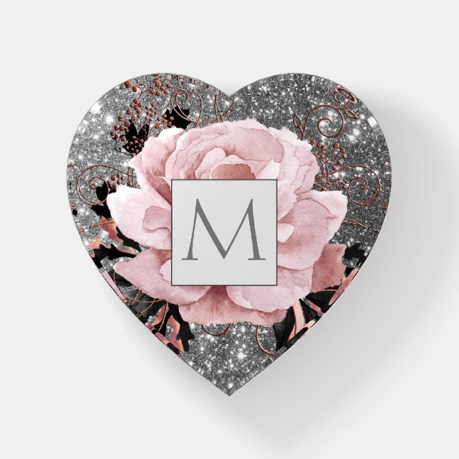 Elegant Glam Rose Glitter Letter Monogram Paperweight (Front)