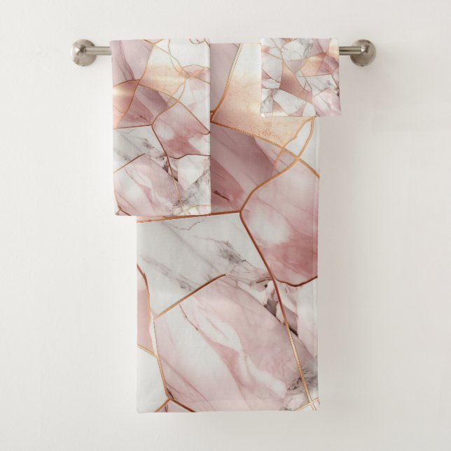 Elegant Glam Rose Gold Agate Marble Pattern  Bath Towel Set (Insitu)