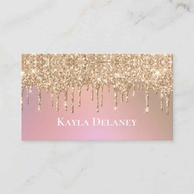 Elegant Glam Rose Gold Glitter Drip Business Card (Front)