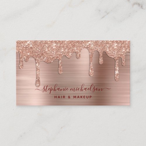 Elegant Glam Rose Gold Glitter Drip Hair Makeup Business Card