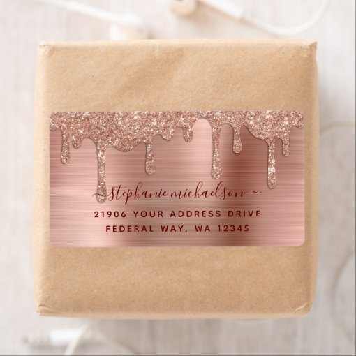 Elegant Glam Rose Gold Glitter Drip Return Address Label Zazzle