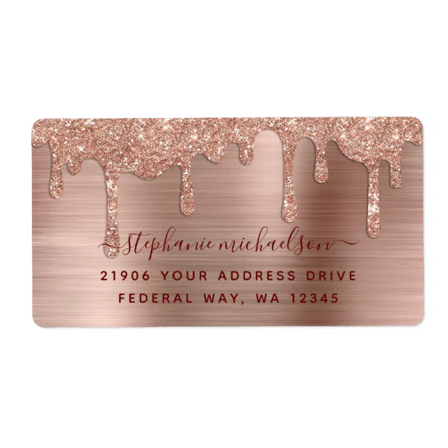 Elegant Glam Rose Gold Glitter Drip Return Address Label Zazzle