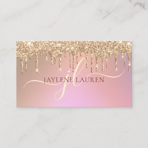 Elegant Glam Rose Gold Glitter Drips Monogram Business Card
