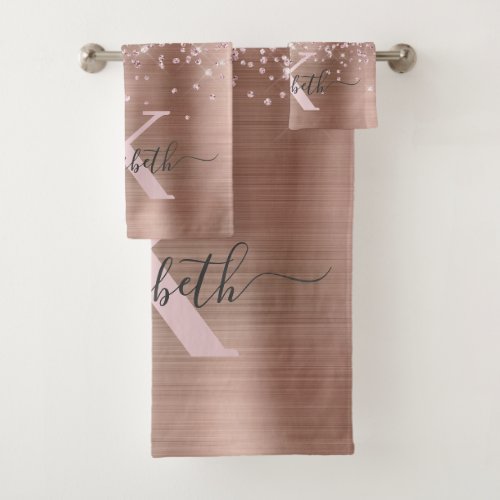Elegant Glam Rose Gold Glitter Script Monogrammed Bath Towel Set