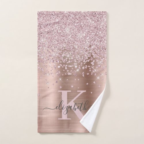 Elegant Glam Rose Gold Glitter Script Monogrammed  Hand Towel