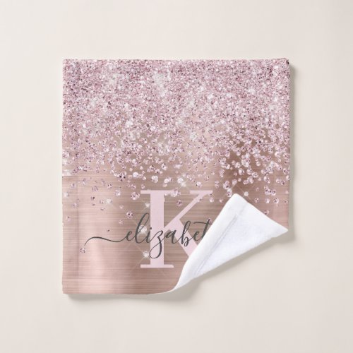 Elegant Glam Rose Gold Glitter Script Monogrammed Wash Cloth