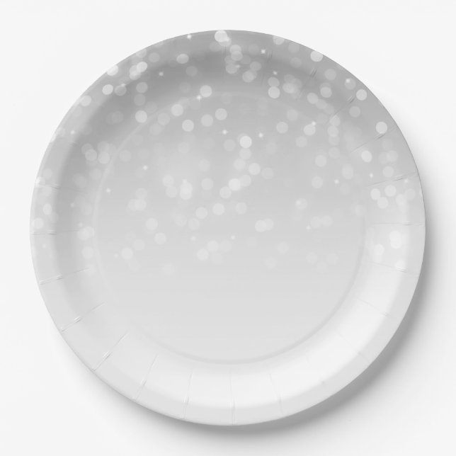 Elegant & Glam Silver Bokeh Sparkle Lights Paper Plates (Front)