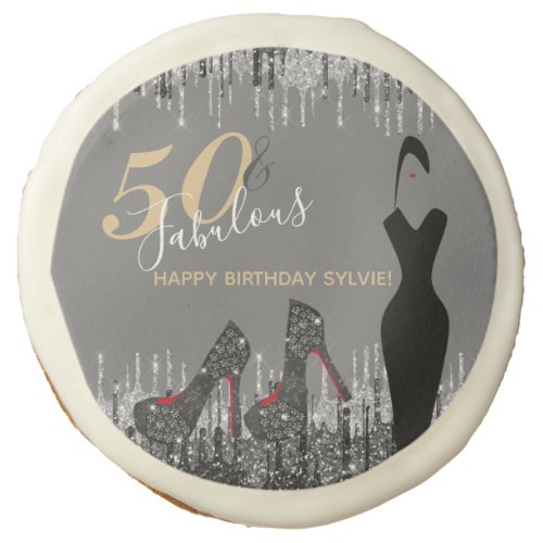 Elegant Glam Silver Gold 50 Fab Birthday Sugar Cookie