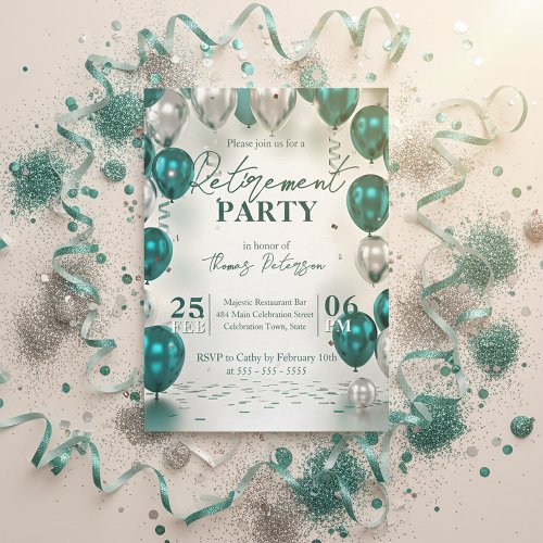 Elegant Glam Teal Silver Balloons Retirement Party