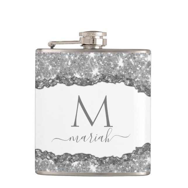 Elegant Glam Torn Glitter Paper Name Monogram Flask (Front)